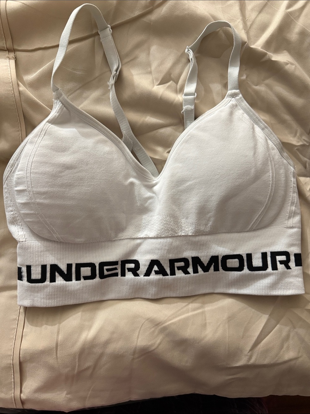 Under Armour White Wireless Padded Sport Bra with Black Logo Band